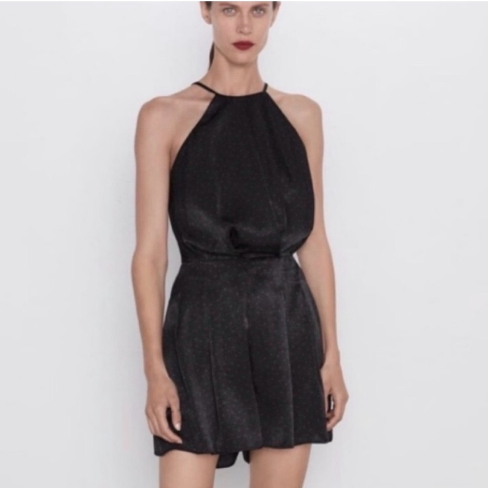 Zara Satin Playsuit in Black with Micro red dot | SIZE XS